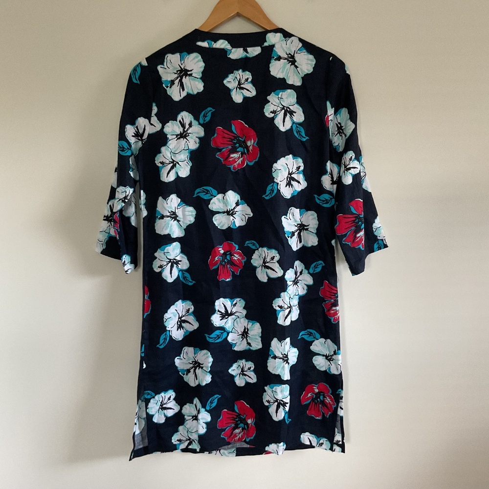 Talbots 100% Linen Beaded Neckline Navy Hibiscus Tropical Floral Tunic Dress XS - Picture 5 of 15